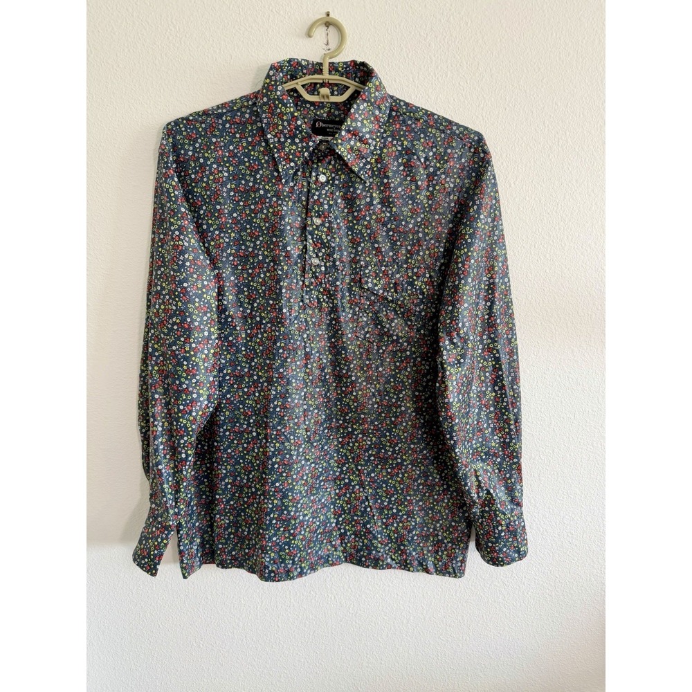 VTG Obermeyer Wind Shirt Mens XL Collared 70s Retro Groovy Blue Floral Japan